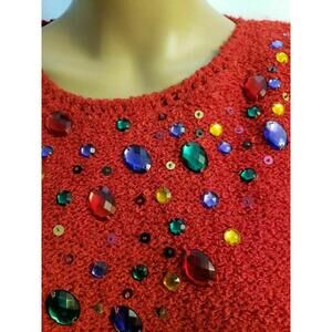 Le Chois Vintage 80’s Acrylic Padded shoulder Sweater Women Red Embellished Sz M
